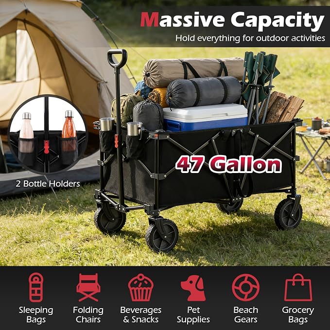 Goplus 38" Collapsible Wagon Cart, 400 LBS Heavy-Duty Foldable Beach Wagon with All-Terrain Wheels & 2 Cup Holders, 180 L Portable Utility Cart with Adjustable Handle for Camping, Shopping