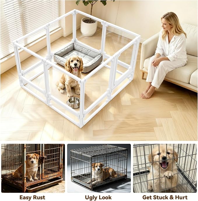 FlexiSpace Adjustable Clear Dog Play Pen, Expandable & Stackable Acrylic Dog Playpen, ONLY Dog Play Pen Indoors Grow with Your Pet Puppy Playpen (White, 34", 8 Panels)