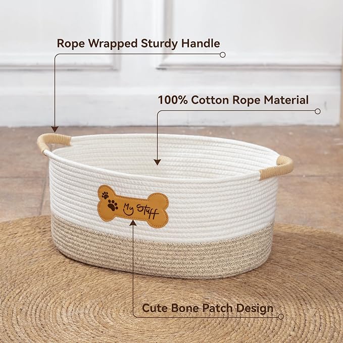 Dog Toy Basket|Cotton Rope Dog Toy Bin With Handle, 17.5"L×11.8"W×8"T
