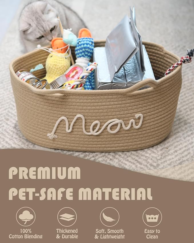 Sea Team Cat Toy Storage Basket with Handles and Ears, Beige Meow | Large Cotton Rope Storage Bin, Shelf Basket, Organizer for Pet Chew Toys, Foods, 16.5 x 11 x 7 Inches, 4.4 Gallons