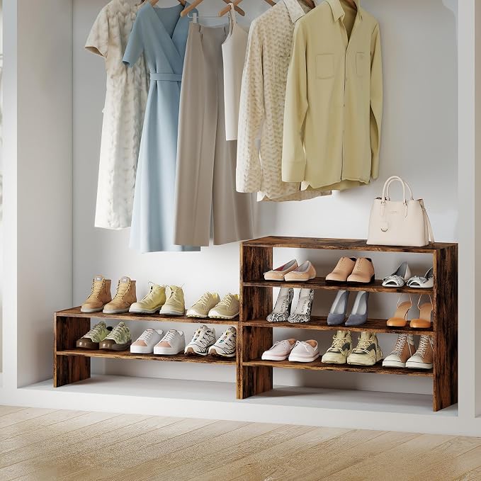 COSTWAY 6-Tier Shoe Rack, Extra Wide Shoe Shelf Organizer | Stackable Design, 31" Freestanding Adjustable Storage Shoe Stand for Small Space Entryway Hallway Closet (1,Rustic Brown)