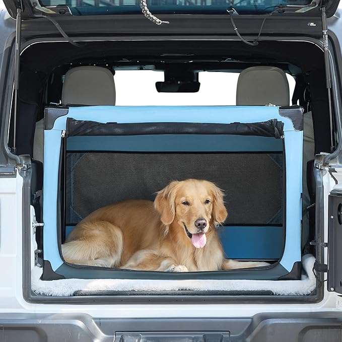 JOYTUTUS Collapsible Dog Crate, 38 Inch Portable Pet Crate for Car, Travel Dog Kennel Foldable Dog Crate for Large Dog 70lbs, Soft Cat Carrier Fit for Indoor & Outdoor/Trunk (Blue)