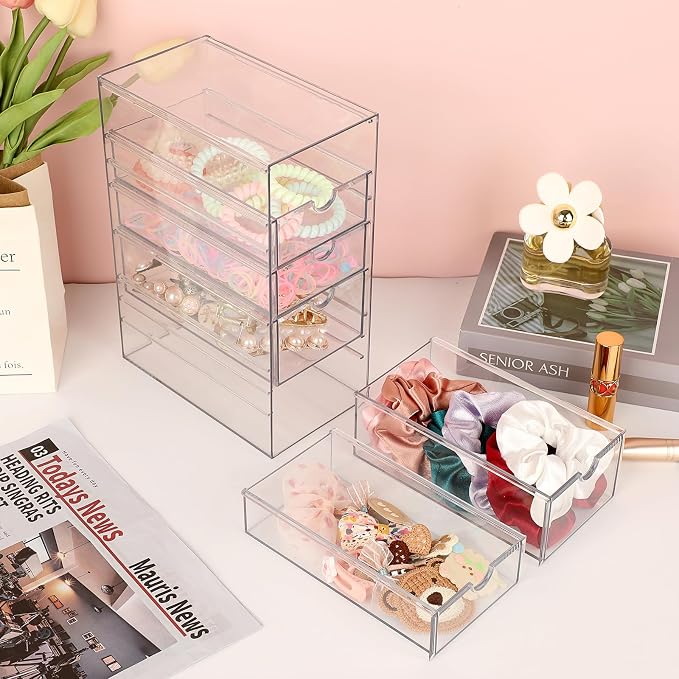 Hipiwe 5-Drawers Plastic Storage Organizer Clear Hair Accessories Organizer | Large Capacity Drawers Box for Bathroom, Dresser, Cosmetic Hair Tie Container for Women