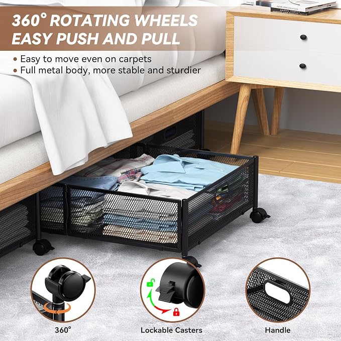 Under Bed Storage with Wheels & Handle,Sturdy Metal,2 Pack,Black | Tool-free assembly, glide smoothly, easy reach, foldable, maxmazie low-profile beds, dorm, keep seasonal clothes, shoes fresh