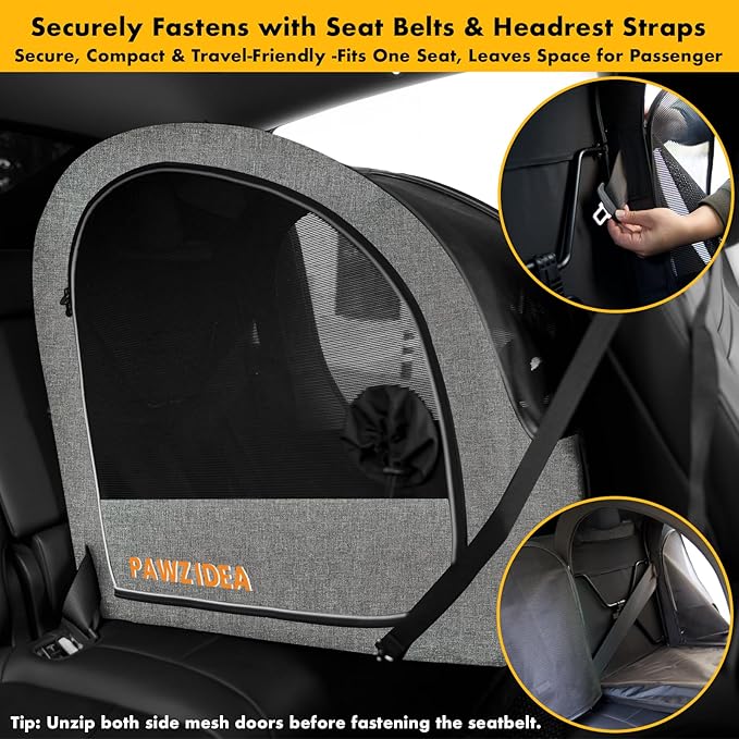 PAWZIDEA Portable Dog Crate for Car Travel, Medium & Large Dogs Up to 80lbs | Soft-Sided Dog Car Kennel for Backseat, Secures Seatbelt & Headrest Strap, Collapsible Enclosed Car Seat Carrier, Chew-Proof