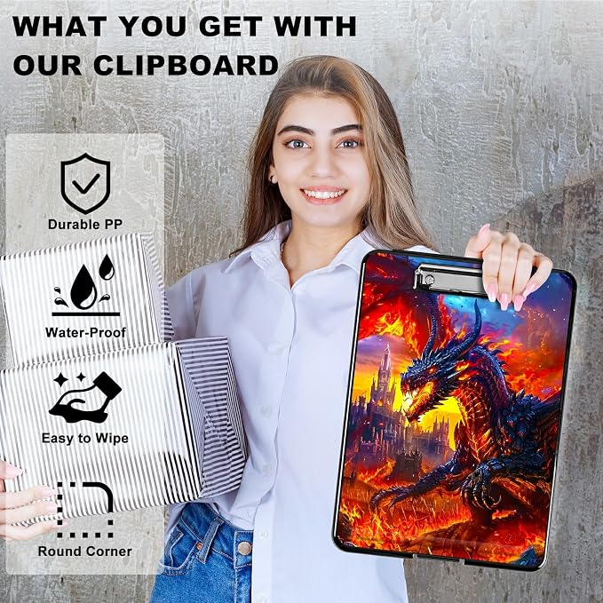 Castle Flaming Dragon A4 Clipboard with Storage Pen Holder, Clipboards Organizer Nursing Clipboard Foldable File Folder Plastic Clipboard Folio Clip Board for Office Students Classroom