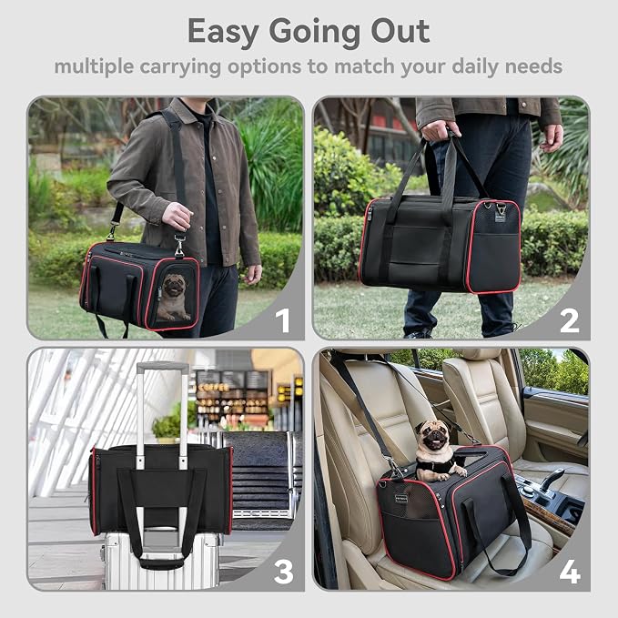 Petsfit Large Expandable Cat Carrier for Travel, Up to 18 lb | 19 x 12 x 12 in; roomy expandable space with a reinforced frame, locking zippers, interior safety tether and large pocket.