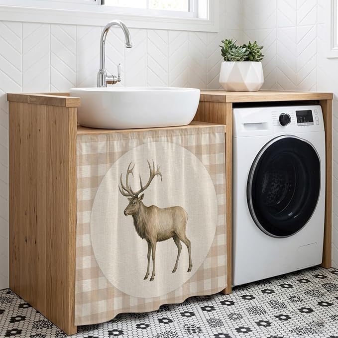 Majestic Buck Cabinet Dishwasher Hidden Curtains, Privacy Closet Door Curtain, Vintage Natural Buck Rustic Linen Plaid Adhesive Dust Proof Under Sink Skirt for Bathroom Kitchen 35"x35"