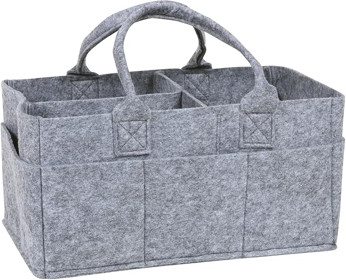 Sammy & Lou Collapsible Light Gray Felt Storage Caddy, Divided Design To Keep Diapers, Wipes And Changing Items Organized, Two Handles, 11.5"D x 6"W x 8"H