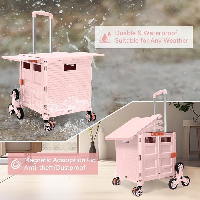 Foldable Utility Cart Portable Crate Rolling Dolly with Telescopic Handle,Can be Pulled diagonally, Magnetic Retractable Lid, 360°Swivel Climbing Wheels for Shopping Carrying Groceries Move Pink