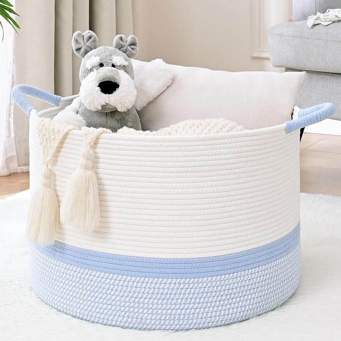 67L Large Blanket Basket, 20"x13" Blanket Basket Living Room, Woven Baskets With Handle, Toy Baskets for Blankets, Nursery, Dog, Pillow, Gift (White & Blue)
