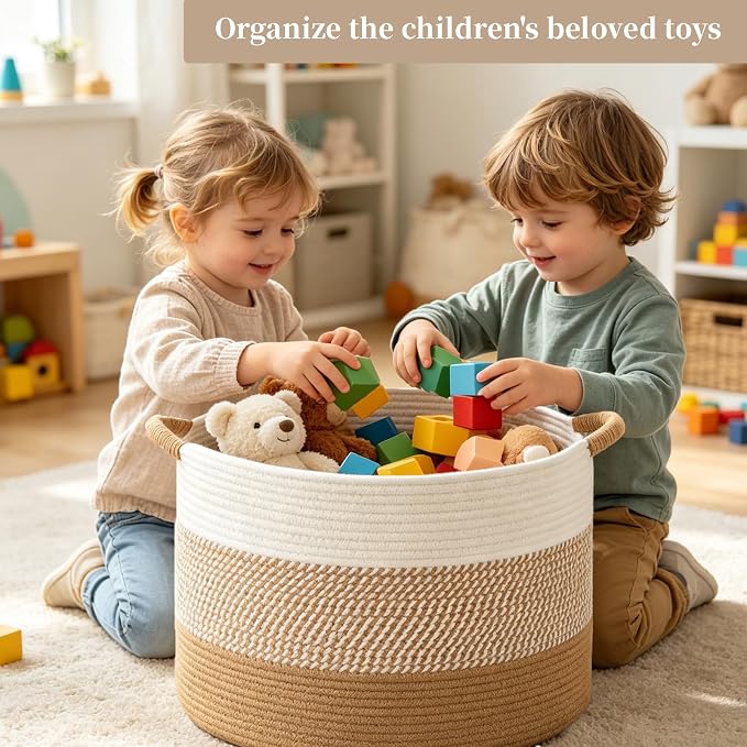 Large Cotton Rope Storage Basket, 70L Collapsible Woven Storage Bin Woven Blanket Basket with Handles Decorative Storage Bin for Living Room Bed Room Toys Laundry