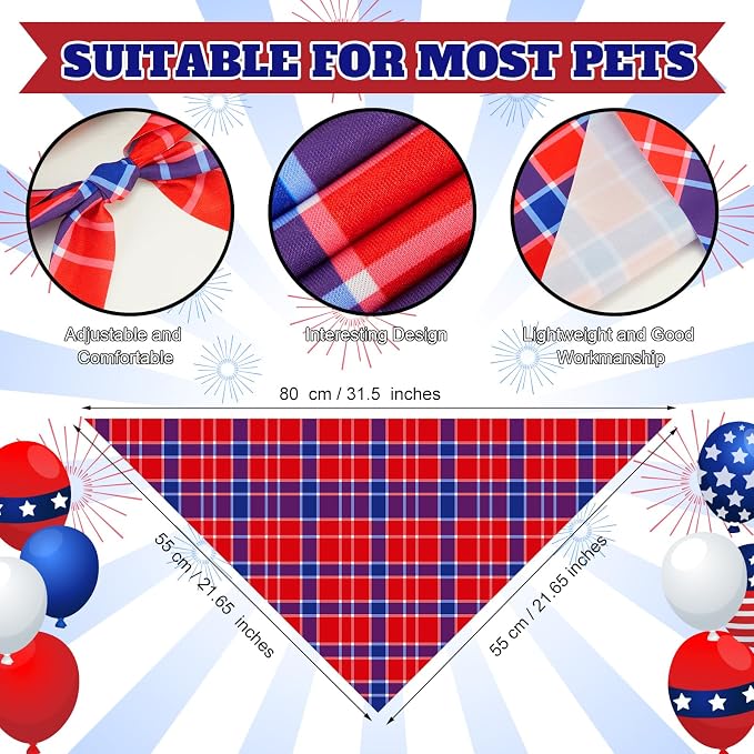 Abbylike 50 Pcs Red White and Blue Plaid Dog Bandanas Bulk Patriotic Gingham Bandana for Dogs Triangle Kerchief Bib Scarf for Pet Veterans Day Thank You Veterans Party Costume, 25 Styles, Medium