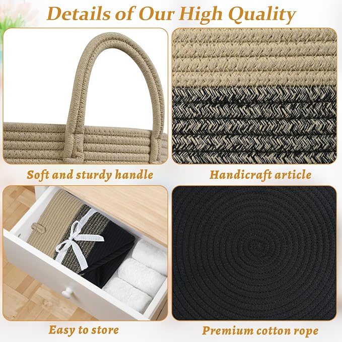 67L Large Woven Blanket Basket, Cotton Rope Baby Laundry Hamper with Handles, Kids Toy Basket for Classroom & Nursery, Soft Round Stuffed Animal Storage, Dog Toy Bin - 20"x13", Black & Brown