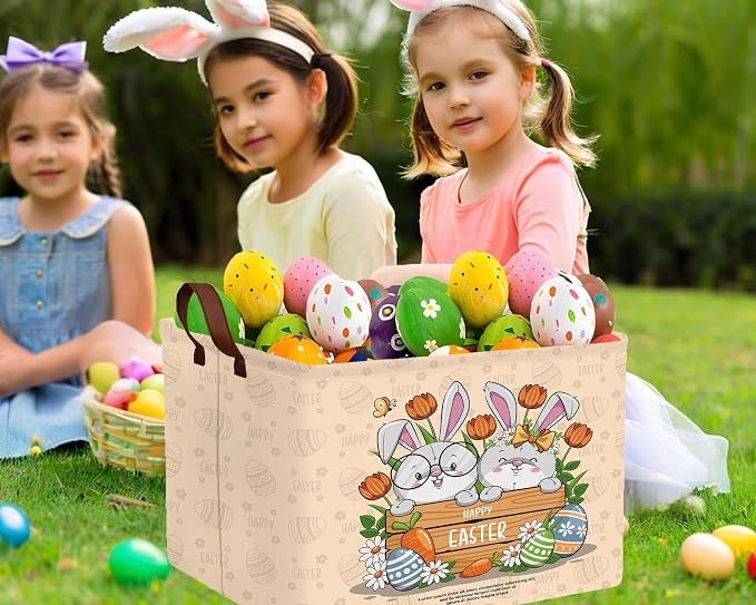Large Rectangular Easter Baskets Empty Waterproof Boy Toy Box Foldable Kid's Gifts Storage Bin Spring Room Decor(Boy Girl Cute Rabbit)