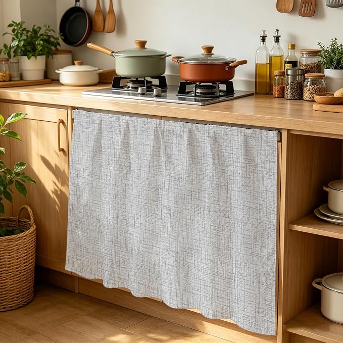 Cabinet Curtains 35x35inch Sink Skirt, Modern Minimalist Gray Desk Skirt for Kitchen Bathroom Shelves, Country Linen Style Privacy Cabinet Curtain Self Stick Adhesive Under Sink Skirts