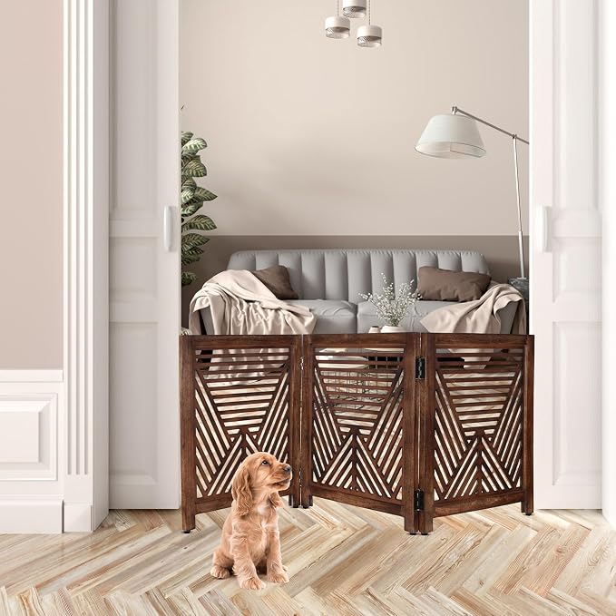 Lightnpro 3-Panel Wooden Dog Gate – Rustic Burnt Finish Foldable Freestanding Pet Barrier, Extra-Wide Indoor Safety Fence for Small Dogs & Puppies – 24x54 Inch