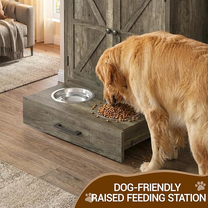 Dog Feeding Station with Storage Cabinet, Raised 2 Elevated Dog Bowls with Hidden Pull Out Drawer, Pet Feeder Organizer with 3 Side Hooks, Large Capacity Dog Food Storage Cabinet