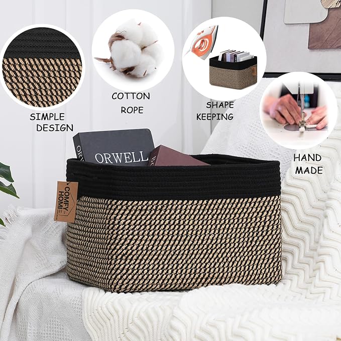 COMFY-HOMI Cotton Rope Woven Basket with Handles for Shelves,Toys,Book, Cloth Storage Baskets Bin for Organizing- 1 PCSToy Decorative Organizer for Living Room, Bathroom