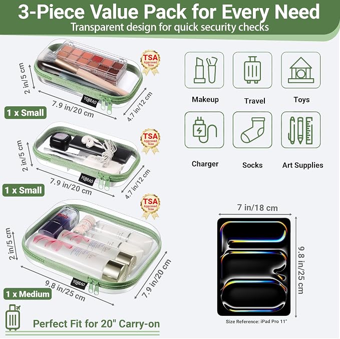 YQBRAO Clear Hard Shell Organizer Cases, 3-Pack, Green | Rigid 1.2 mm clear PET organizers with multi-size design for home storage, travel use, and everyday essentials