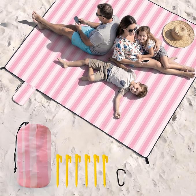 OIGAE Beach Blanket Waterproof Sandproof Oversized Beach Mat | Picnic Mat with Stakes, Storage Bag - Essentials for Outdoor Beach, Picnic,Quick-Dry Lightweight,Windproof Pockets