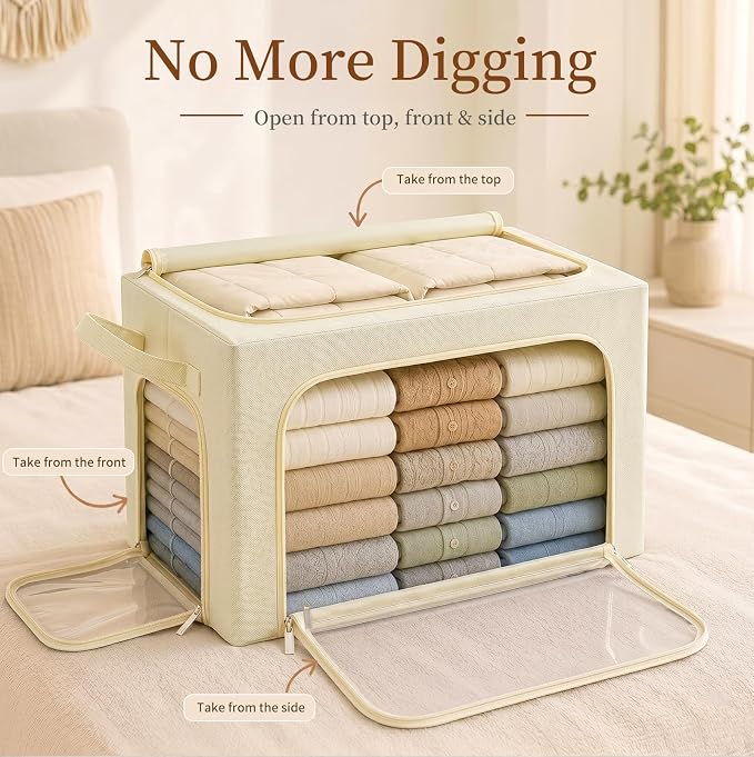 GoMaihe Clothes Storage Bins with Metal Frame for Blanket 3 Pack 66L Beige | Closet Top Shelf Linen Closet, Winter Clothing Bedding Comforters, 3 Side Access Stackable Collapse-Proof See Through Window