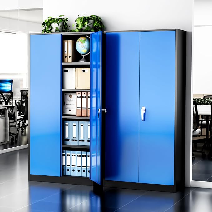 Greenvelly Metal Storage Cabinet with Doors and Shelves, 72" Inch Locking Metal Cabinet,Garage Storage Cabinet for Garage Office School Warehouse (Black Blue)