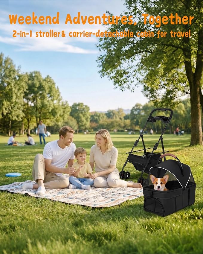 Pet Stroller, 3 in1 Foldable Dog Cat Stroller with Detachable Carrier-Black | 35lbs Lightweight Foldable Dog Stroller, All-Terrain 4 Wheels, Compact Travel Pet Stroller for Small to Medium Pets