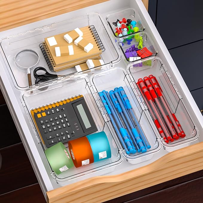 14 Pcs Adjustable Drawer Organizer, Clear Drawer Organizer Expendable | 3-Size Desk Drawer Organizer, Acrylic Storage Bins for Makeup, Cosmetic, Kitchen Utensils, Bedroom Dressers, Tool Organizer