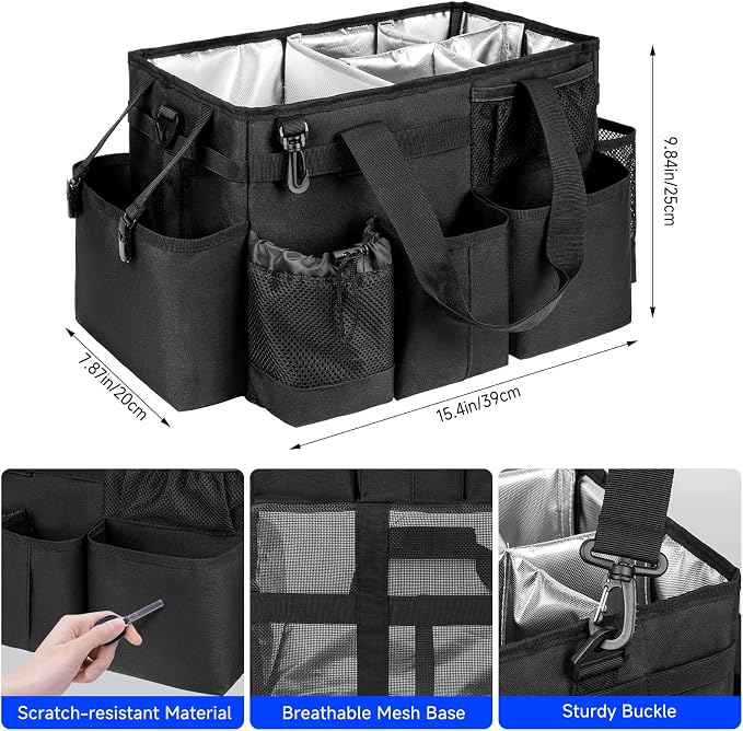 Cleaning Caddy Bag, Large Cleaning Bag for Housekeepers, Black | Cleaning Caddy Organizer for Cleaning Supplies with Handle and Adjustable Shouder Strap, Easy to Clean & Heavy Duty Design