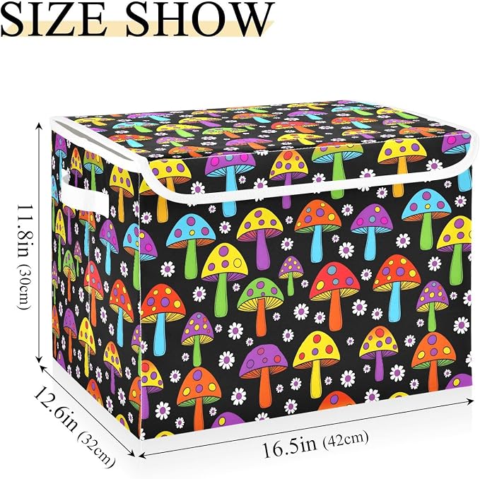 Mushroom Floral Storage Bin Foldable Collapsible Fabric with Lid Handles | Decorative Storage Boxes, 300D Oxford Cloth, Hollow Board Frame, Flip Top Velcro Lid, 16.5x12.6x11.8 inch, Collapsible Design
