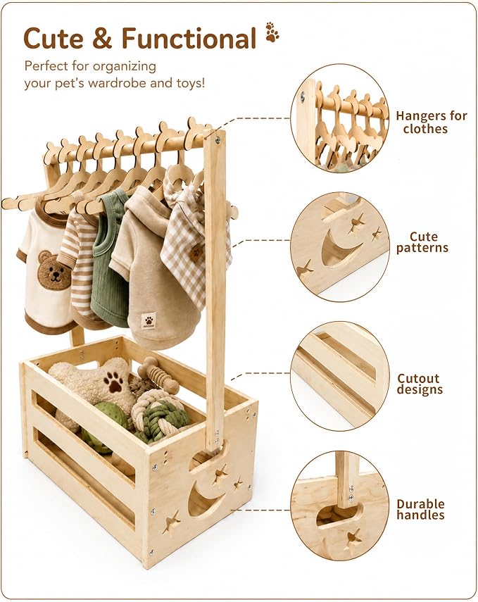 Wooden Pet Wardrobe Closet with 8 Clothes Hangers, Dog Storage Organizer with Clothes Rack, Cat Toy Accessories Storage Bin, Cat Wardrobe with Handle, Easy to Assemble