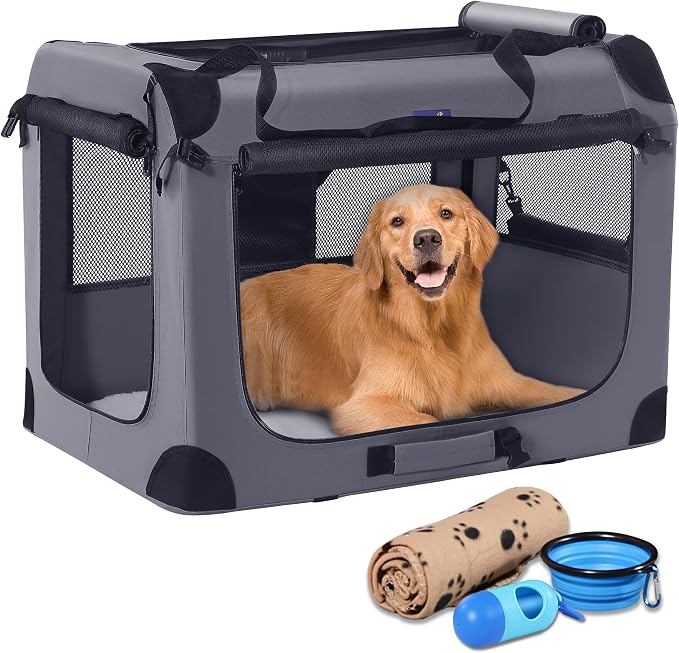 Petprsco Collapsible Dog Crate, 40 inch Portable Dog Crates for Large Dogs | Large Soft Foldable Dog Crate & Kennel for Travel, 3-Door with Sturdy Steel Frame & Durable Mesh Windows, Indoor/Outdoor