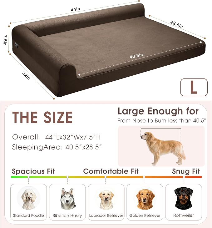 Gel Memory & High-Density Foam Orthopedic Dog Bed 44x32x7.5 Large | | Double Waterproof Cover | Machine Washable | Non-Slip Base | Fur-Resistant Tech Fabric