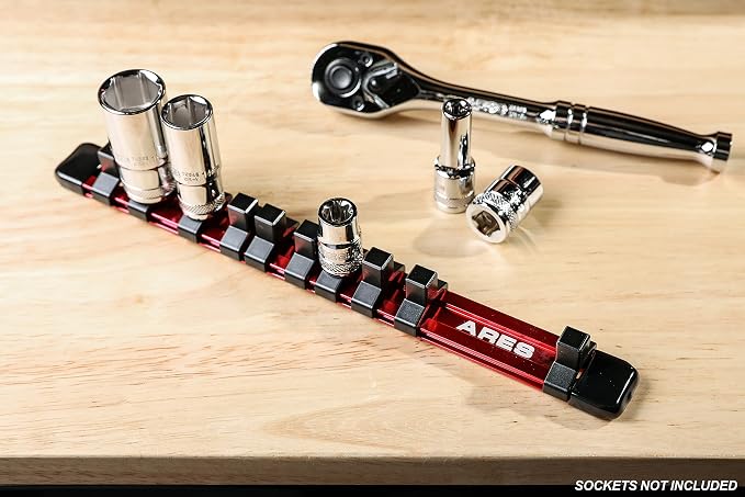ARES 70135 3/8-In Red Socket Rail 9.84-In | Part No. 70135; Store up to 10 Sockets and Keep Your Tool Box Organized