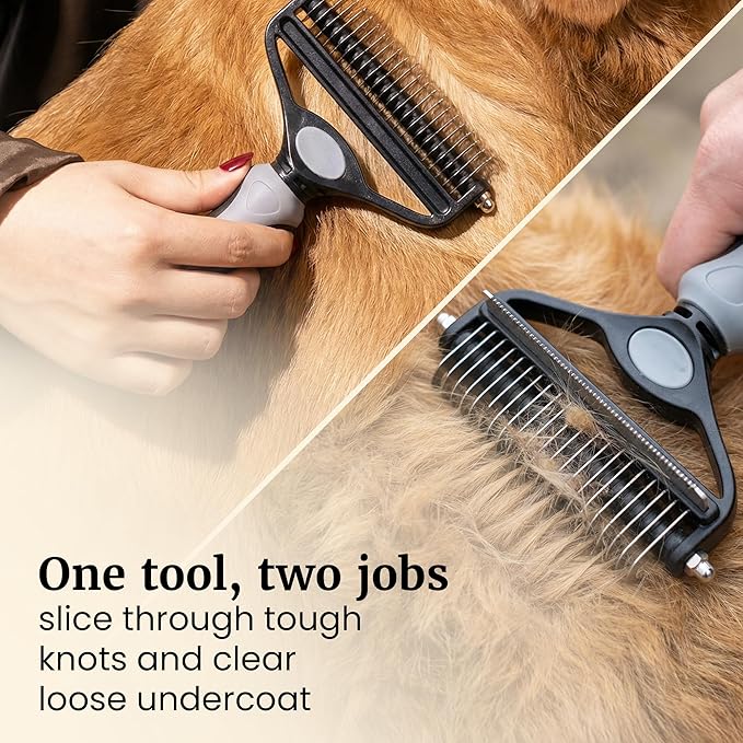 2-in-1 Deshedding Brush and Dematting Rake for Dogs – Double Coat Undercoat Grooming Tool for Medium to Large Breeds, Reduces Shedding by Up to 95%