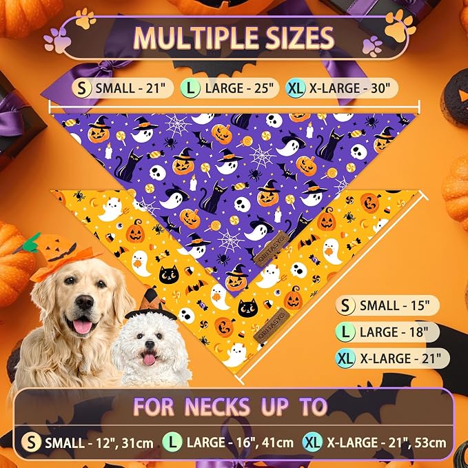 Halloween Dog Bandanas, Purple Ghost 2-Pack Triangle Reversible Pet Scarves, Premium Fabric, Orange Pumpkin Black Cats Bandana for All Boys Girls Dogs (Large, Style 2)