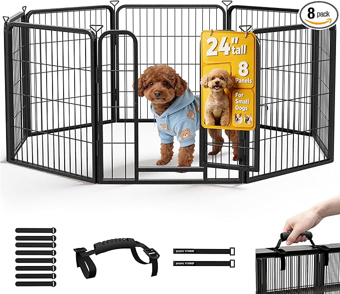 Heavy-Duty Iron Dog Playpen Outdoor Indoor,24 Inch 8 Panels Dog Play Pen | Dog Fences for RV Camping/Yard/Garden,Portable Dog Play Pen for Dogs,Puppies,Small Animals,Black Silver
