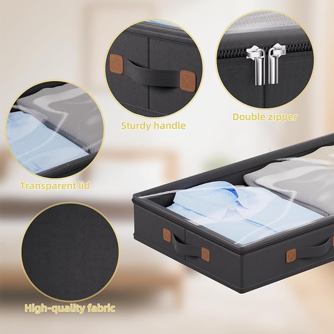 FHSQX Under Bed Storage Container 2Pack 3 Inches Low Profile Under-bed Organizer Bins Slim Under Couch Storage Box Ideal For Seasonal Clothes Blankets Towel Fabric (2, Black, 31.5 * 17 * 3in)