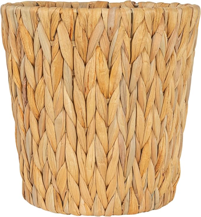Household Essentials Handwoven Round Water Hyacinth Waste Basket with Plastic Liner, Natural
