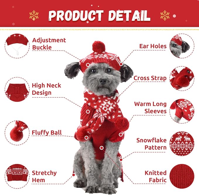 ABRRLO Dog Christmas Outfit 3 PCS Set Pet Xmas Sweater Hat Scarf Snowflake Christmas Dog Cat Sweaters Costume Winter Warm Small Dogs Clothes New Year Holiday Puppy Clothing (Scarf + Hat + Sweater,S)