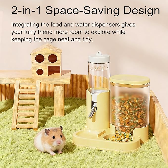 No Drip Hamster Water Bottle, 2 in 1 Automatic Hamster Water Dispenser & Food Bowl, Freestanding Small Animal Water Bottle Cage Accessories for Dwarf Hamster, Gerbil, Rat, Mice (Yellow)