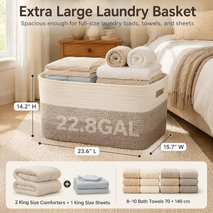 Cotton Rope Laundry Basket Extra Large, 22.8GAL Collapsible Woven Storage Baskets for Living Room Kids Toys Stuffed Animal,Boho Rectangular Decorative Hamper for Dirty Clothes Blankets Gradient Brown