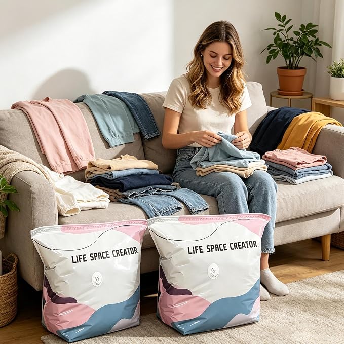 Vacuum Seal Bags for Clothing 2 Pieces No-Pump Luggage Compression Storage