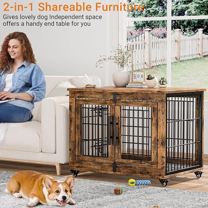 Medium Dog Crate Furniture, 32'' Heavy Duty Kennel w/Cushion & Wheels | Rustic Brown, Double Doors, Wooden Dog Cage, Chew-Resistant, End Table, Decorative, 27"/32"/38"/44" Options, Indoor