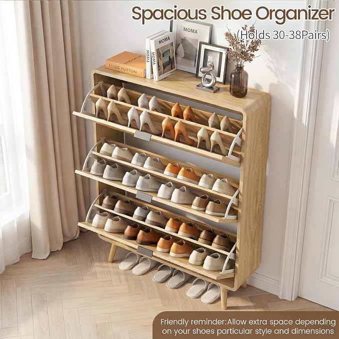 FurSch Fluted Shoe Storage Cabinet with 3 Flip Drawers, Narrow Shoe Rack Cabinet Organizer with Adjustable & Removable Shelves for Entryway (All Natural, 3 Drawers)