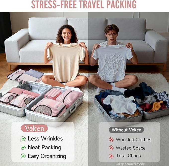 Veken 8 Set Packing Cubes for Travel Essentials, Pink Suitcase Organizer Bags in 4 Sizes, Carry-On Luggage Accessories with Large Laundry & Hanging Toiletry Bag, Must-Have for Airplane, Road Trip
