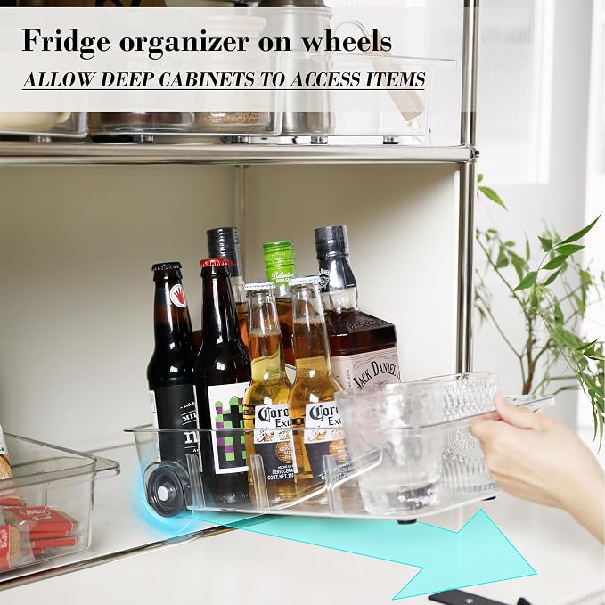 LXLXXL Fridge Organizer and Storage Drawer Rolling Refrigerator Bins,3 Pack | Silicone Wheels,3 Pack Adjustable Dividers,Easy to Clean,Organizer for Fridge,Pantry,Bathroom and Cabinet Organization