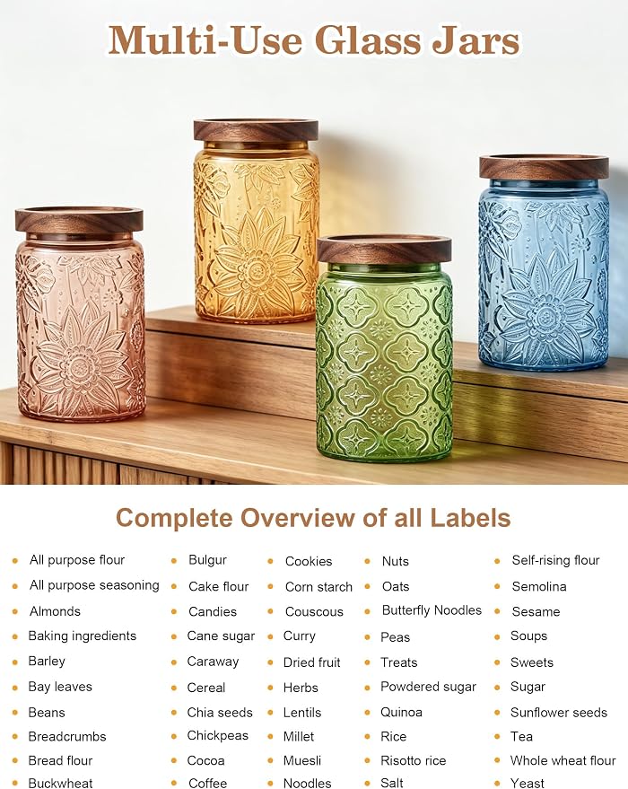 Glass Jar with Airtight Wood Lid – 34 OZ Kitchen Bathroom Pantry Canister, Decorative Vintage Storage Container for Candy, Coffee, Cookie, Cereal, Sugar, Tea, Pet Treat, Bath Salt, Green Begonia