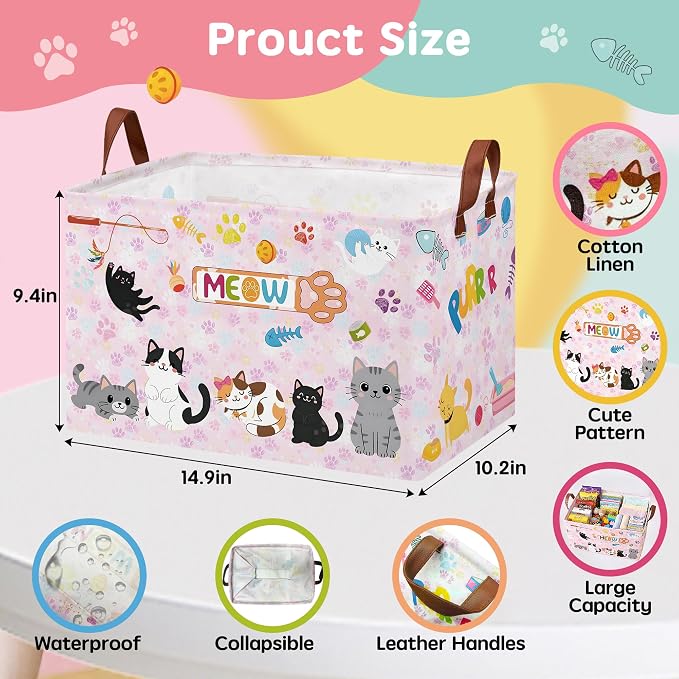 Cat Paw Toy Storage Basket,Square Toy Bin,Storage Bin for Pet Room Decor | Collapsible Nursery Storage Bin with Sturdy Handles for Clothes, Toys, Pillows, Living Room Bedroom Bathroom